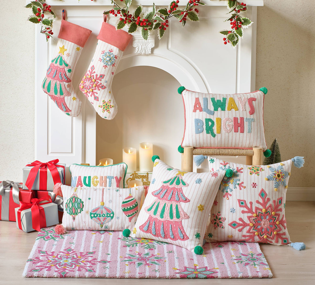 Holiday Bright's Tree w/Pom Poms Embroidered Pillow - The Preppy Bunny