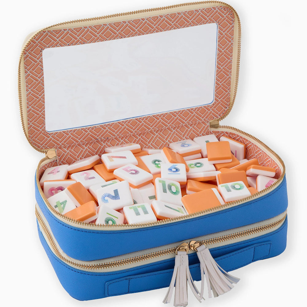 Blue case with colorful letter tiles on a white background