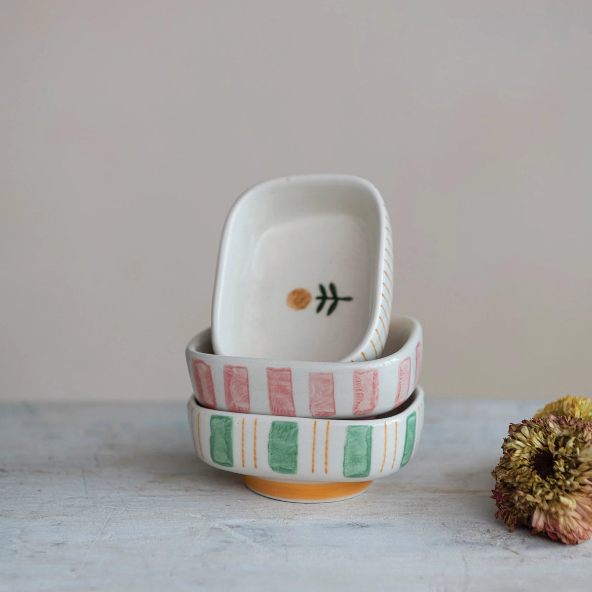 Hand-Painted Stoneware Dish w/ Stripes & Flower - The Preppy Bunny