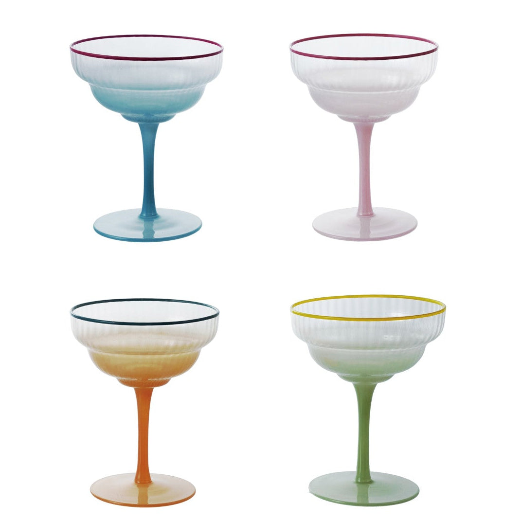 4 oz. Fluted Stemmed Coupe Glass with Colored Rim, 4 Ombre Colors