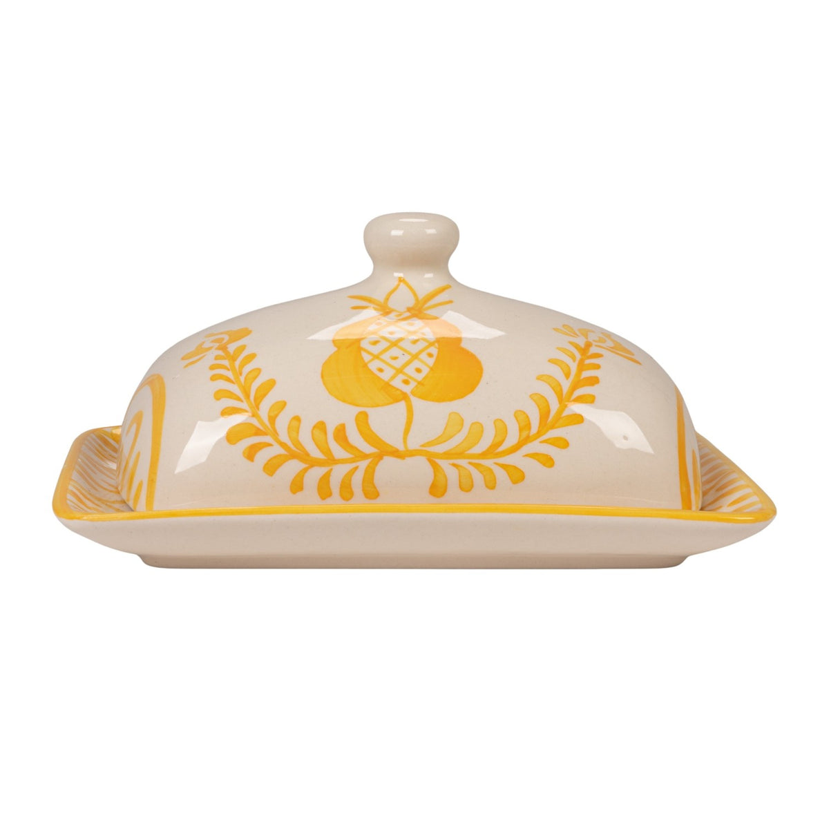 Hand-Painted Stoneware Butter Dish with Botanical Design, Yellow & White (Each One Will Vary)