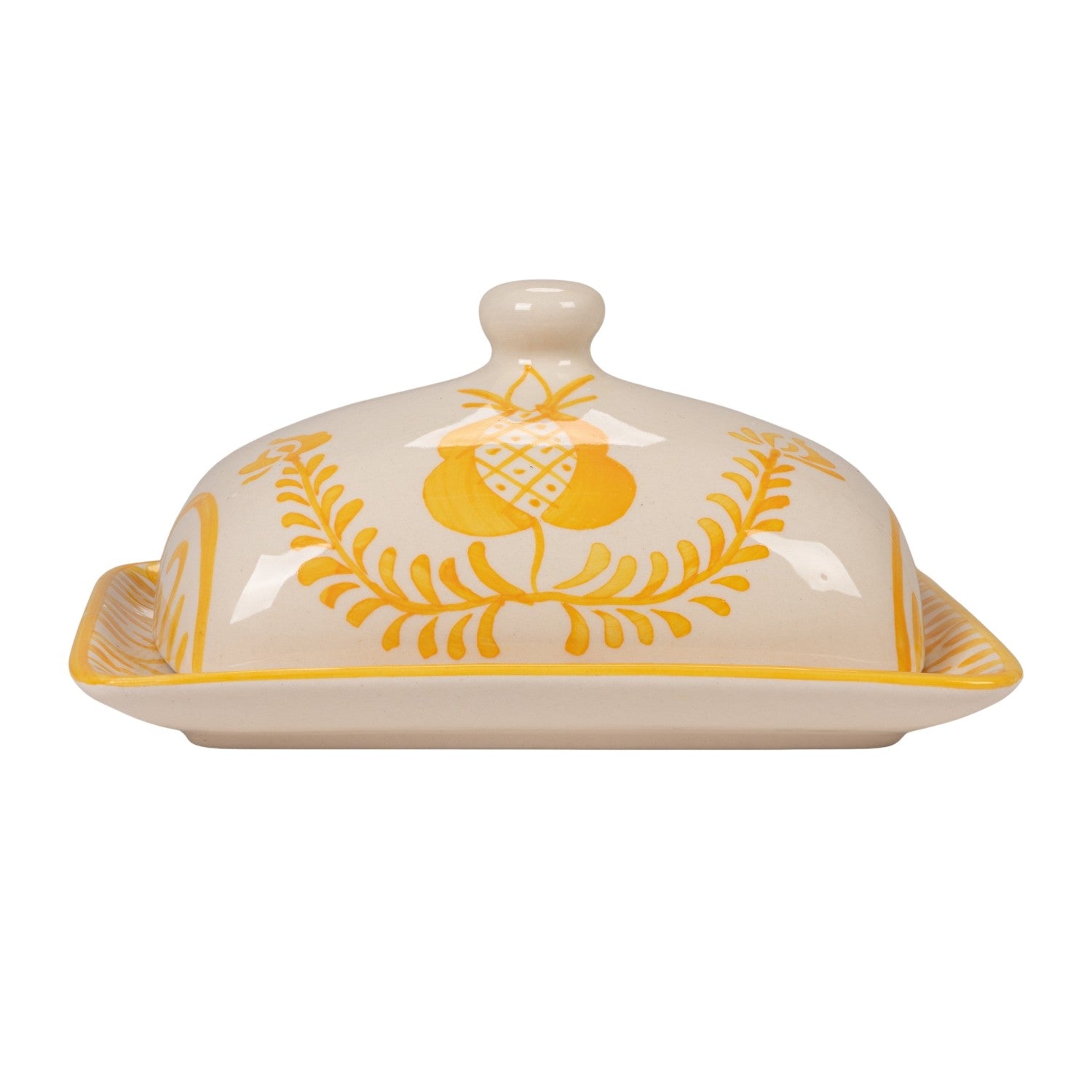 Hand-Painted Stoneware Butter Dish with Botanical Design, Yellow & White (Each One Will Vary)