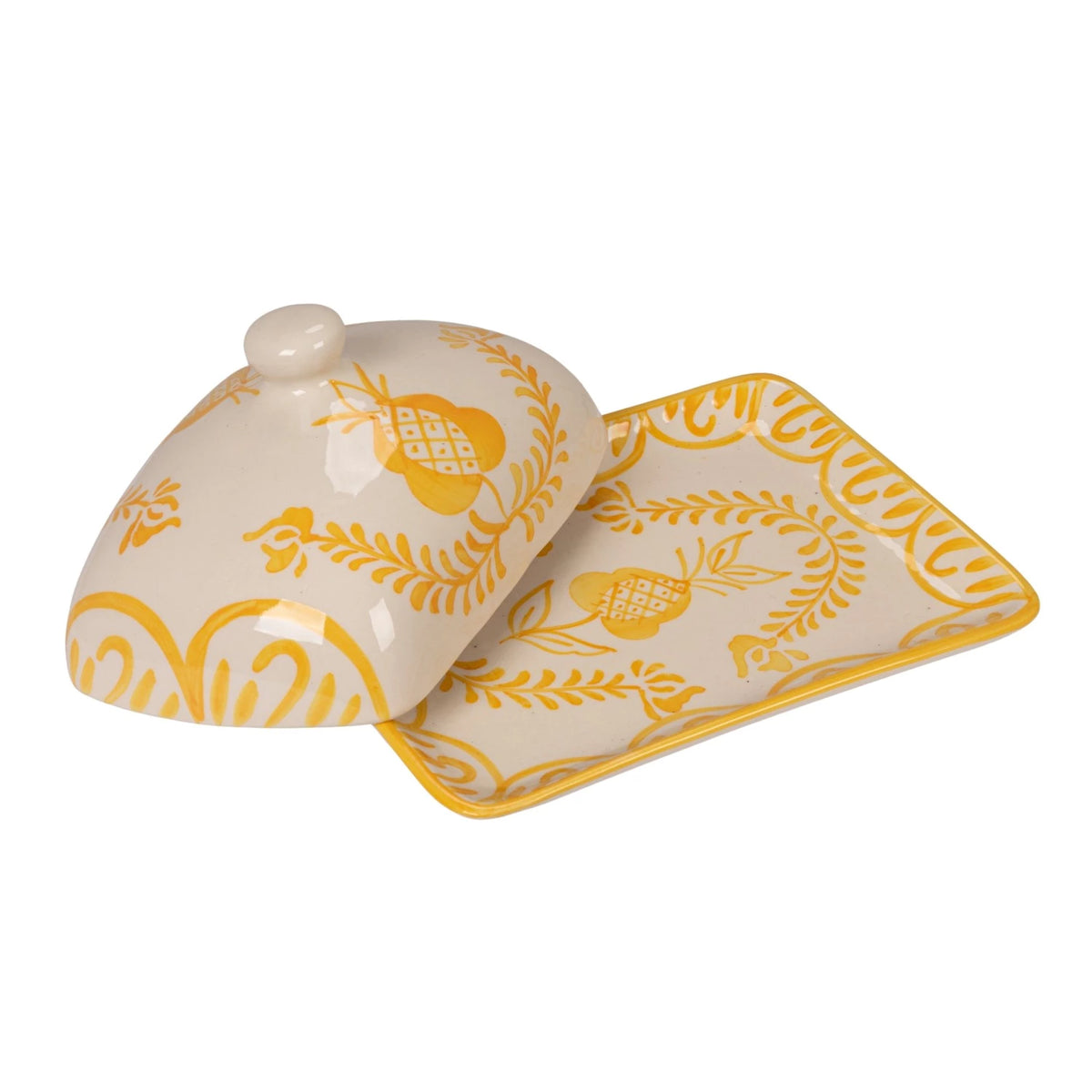 Hand-Painted Stoneware Butter Dish with Botanical Design, Yellow & White (Each One Will Vary) - The Preppy Bunny