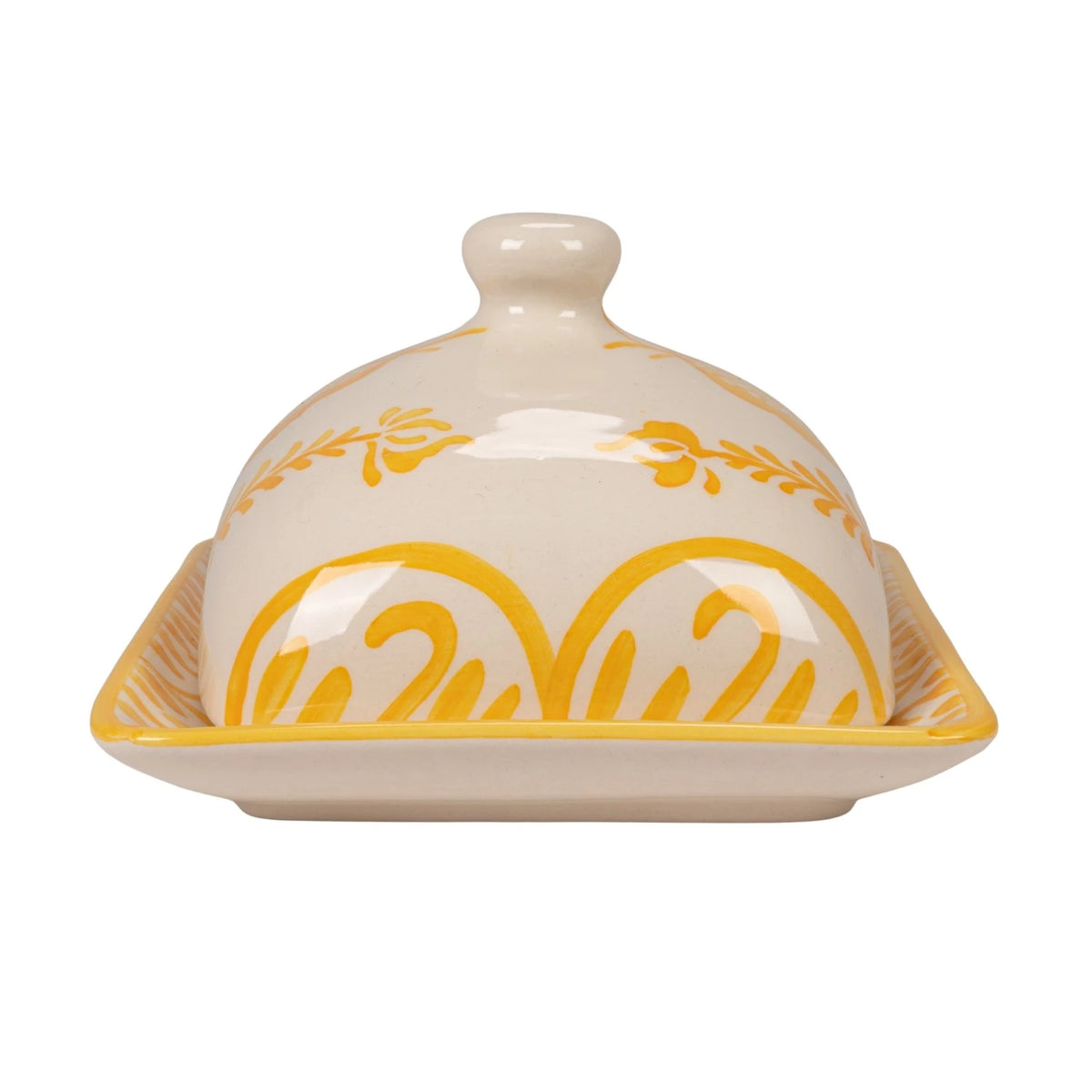 Hand-Painted Stoneware Butter Dish with Botanical Design, Yellow & White (Each One Will Vary) - The Preppy Bunny