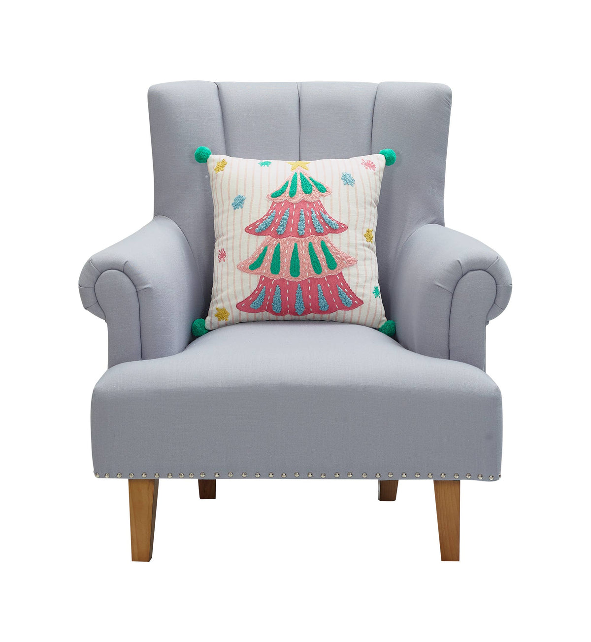 Holiday Bright's Tree w/Pom Poms Embroidered Pillow - The Preppy Bunny