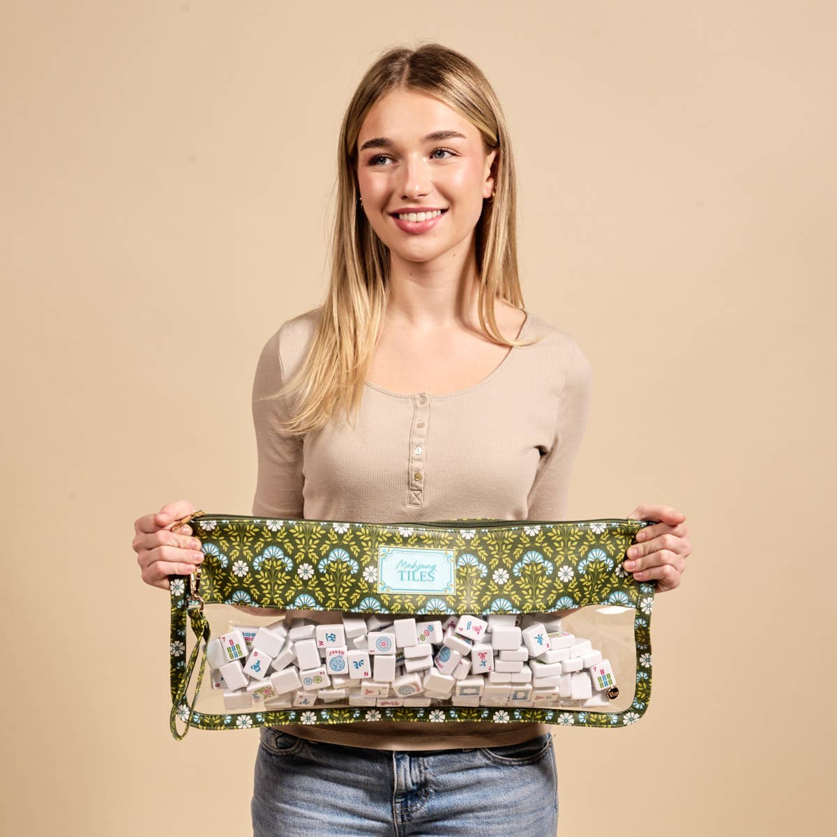 Mahjong Tile Keeper Pouch in Ever Bloom Forest Green pattern - The Preppy Bunny