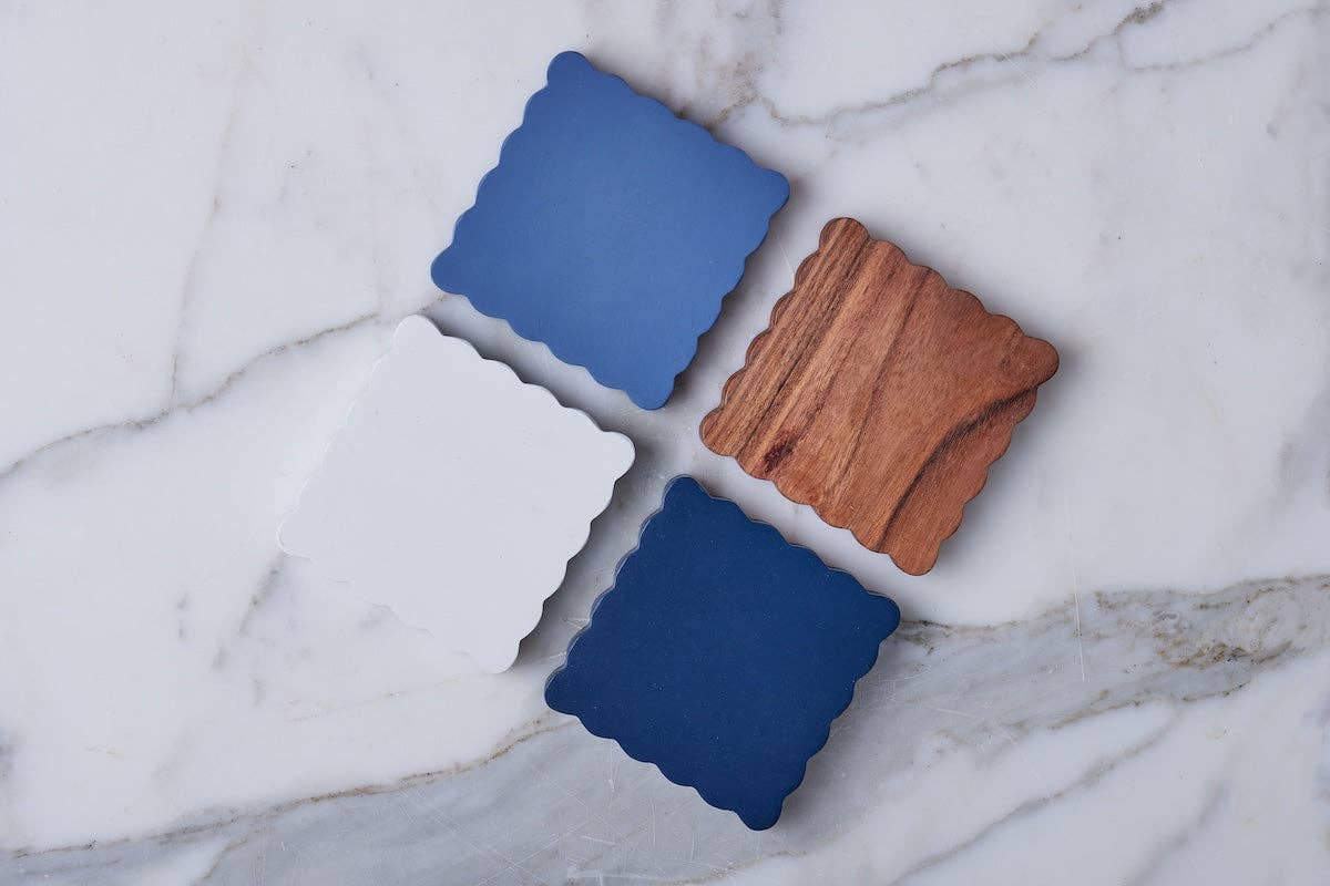 Scalloped Square Wood Coasters in Maritime Colors - Set of 4