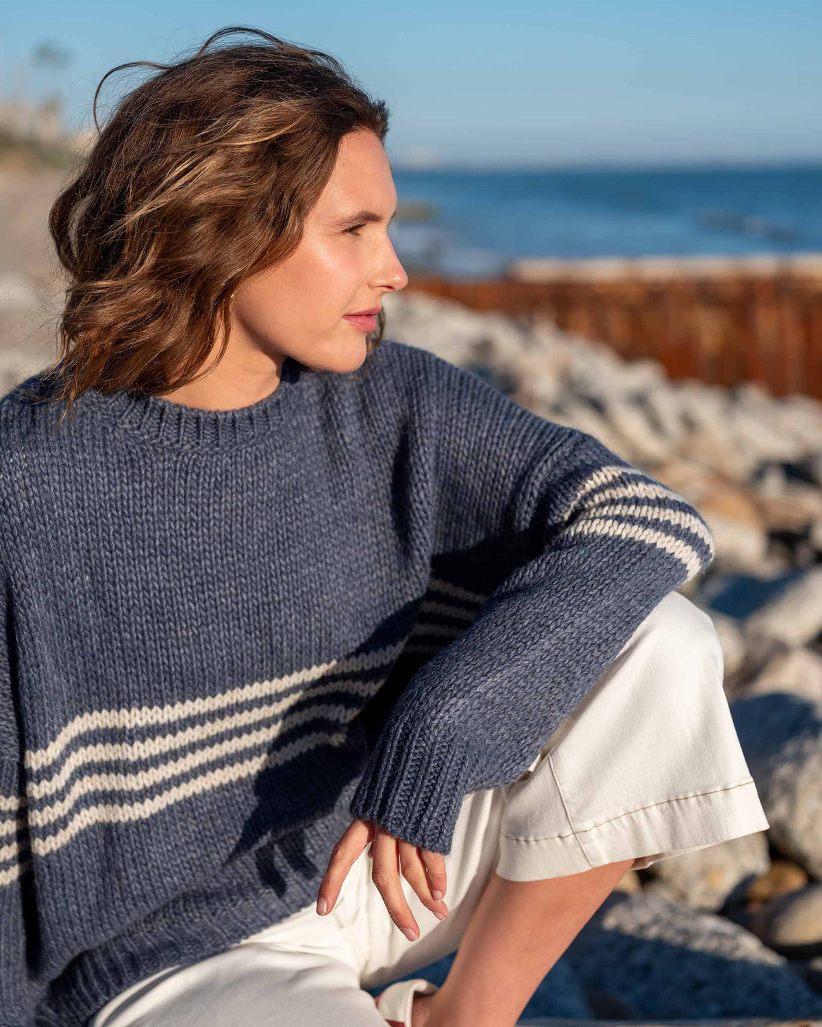 Seacoast Stripe Crewneck Sweater in Harbor Blue Stripe - OS