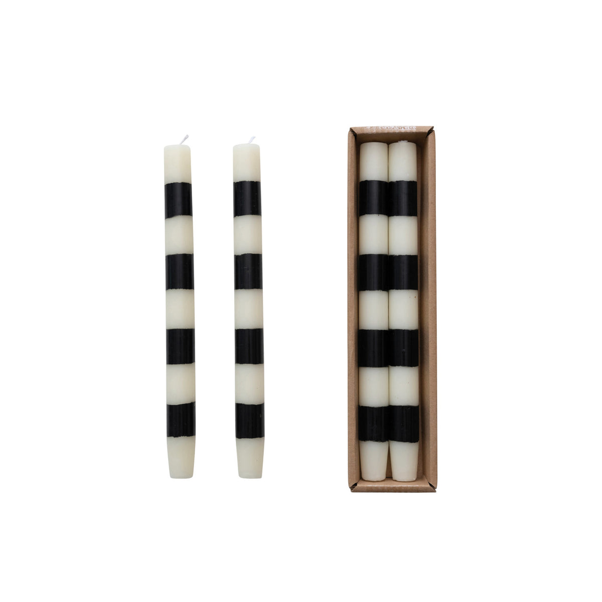 Black & Cream 10"H Unscented Taper Candles w/ Stripes in Box