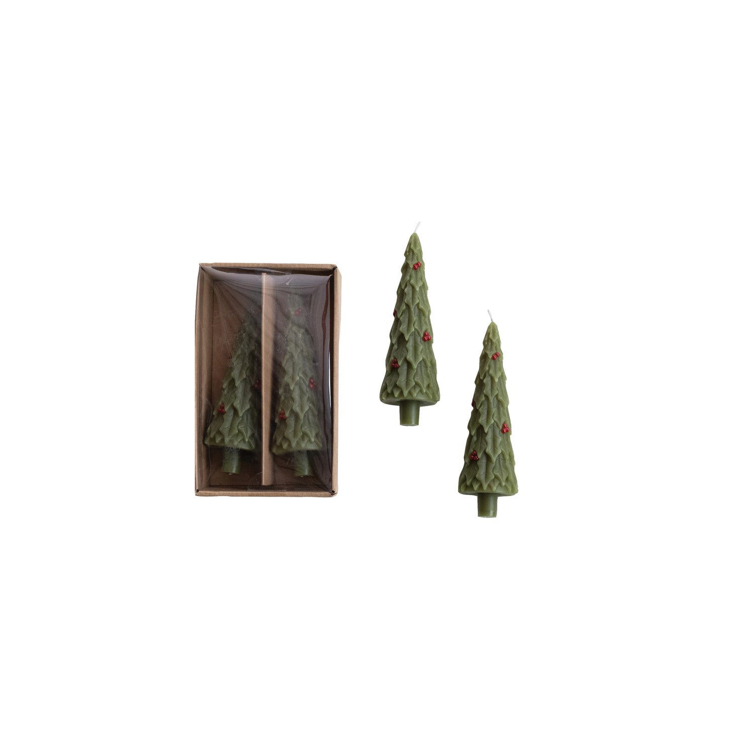 Unscented Tree Shaped Taper Candles in Box with Holly, Set of 2