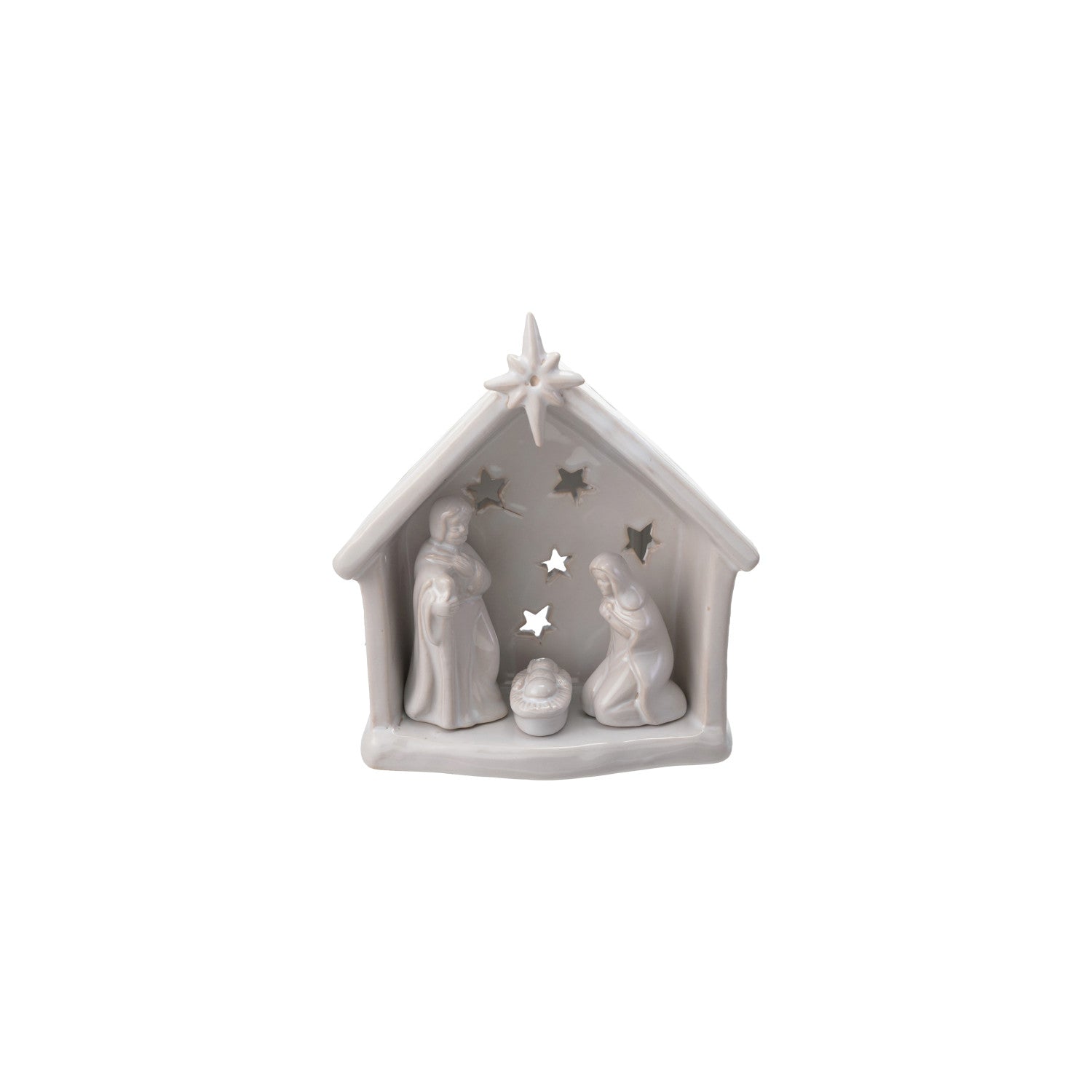 Stoneware Holy Family Tealight Holder with Star Cut-Outs, White