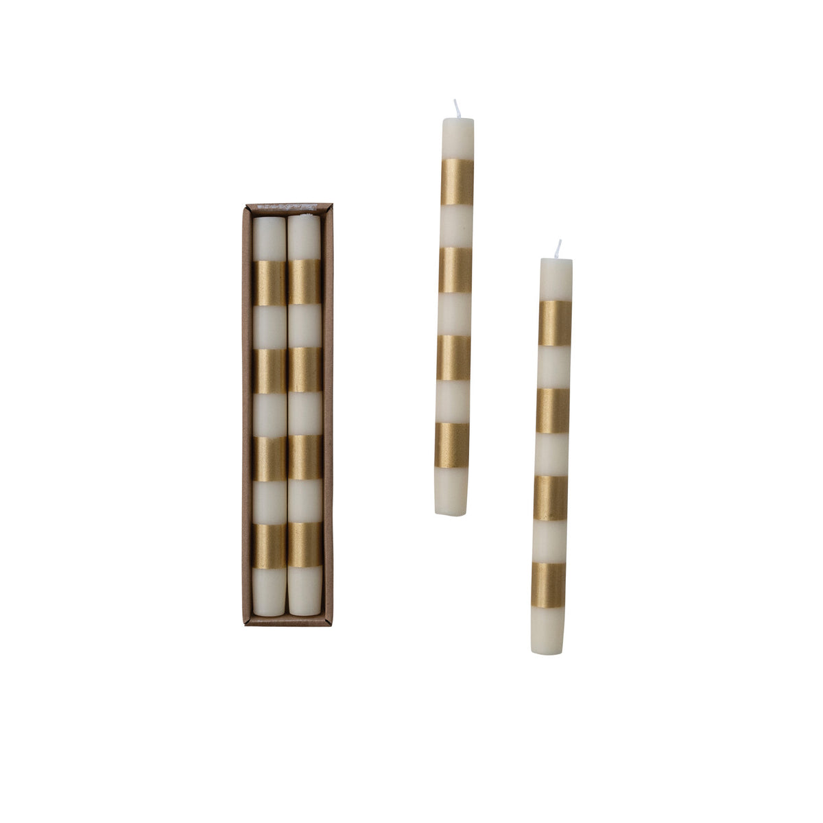Cream & Gold 10"H Unscented Taper Candles with Stripes in Box